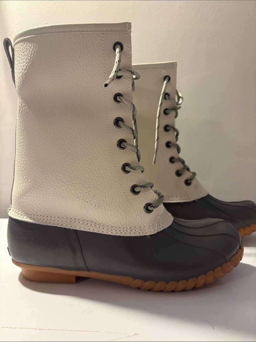 Totes Rain Boots Women’s Two-Tone Lace-Up Duck Boots in White and Brown